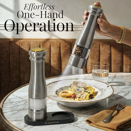 Styled Settings Electric Salt and Pepper Grinder Set, Silver | Automatic Stainless Steel Grinders, LED Light, Battery Operated, Adjustable Coarseness, Wood Base, Salt And Pepper Mill Set - color: Silver