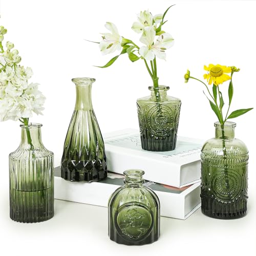 SUPMIND Glass Bud Vase Set of 5, Small Green Flower Vases for Centerpieces | Mini Vintage Vase for Wedding, Home Decor, Table Decoration, Baby Shower, Party Decor - color: Green, size: 5Pcs