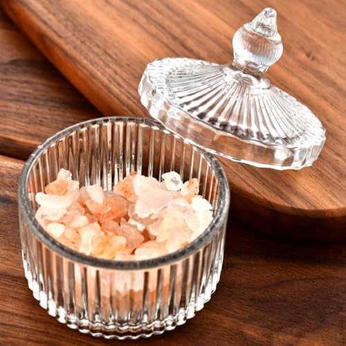 Crystal Glass Salt Cellar with Lid – 7oz Clear Salt Box Salt and Pepper bowls, Salt Container Holder for Kitchen, glass Storage jars for Candies, Sugar, Decorative Kitchen & Dining Table Essential