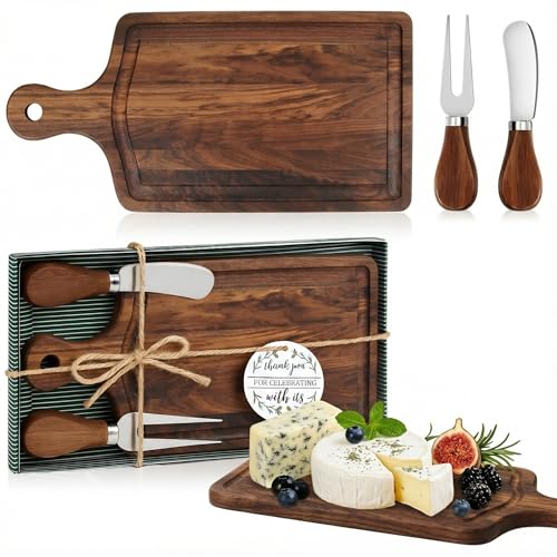 1 Set Bridal Baby Shower Cheese Prizes Wooden Square Board Gift Set Knives Forks Thank You Tags with Box for Guests for Valentines Bridal Baby Shower Housewarming (Walnut Wood) - color: Walnut Color