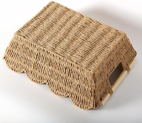 Scalloped Basket with Wooden Handle, Water Hyacinth/Seagrass/Wicker Storage Baskets, Hand Woven Baskets for Shelves,Natural Baskets for Organizing (2)
