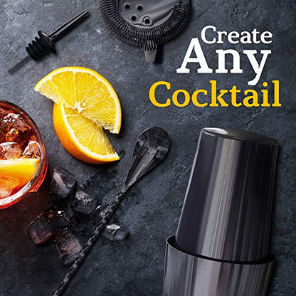 Highball & Chaser 13-Piece Gunmetal Black Stainless Steel Boston Cocktail Shaker Bar Tool Set with Mixology Bartender Kit Accessories - color: Gunmetal Black