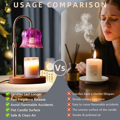 Candle Warmer Lamp with Timer: Dimmable Candle Warmer Lamps Height Adjustable Purple Flower Candle Lights - color: Purple