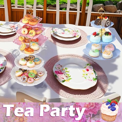 6 Pcs 3 Tier Cupcake Stand Tea Party Trays 3 Tier Serving Tray Plastic Dessert Stand Cake Fruit Candy Display Tower for Wedding Birthday Tea Party (Round,Sakura,Square,White,Pink,Green) - color: White,pink,green, size: Round,Sakura,Square