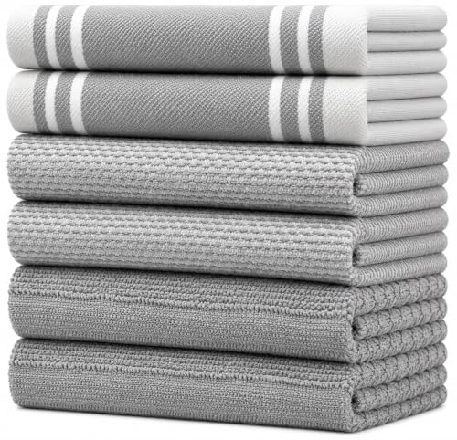 Premium Kitchen Towels 6 Pack 100% Cotton 20"x28" Dish Towels - Grey Wide | Large Flat & Terry Kitchen Linen Set with Hanging Loops, Highly Absorbent for Washing and Drying Dishes - color: Grey Wide Stripe, size: Kitchen Towels - Mixed Styles