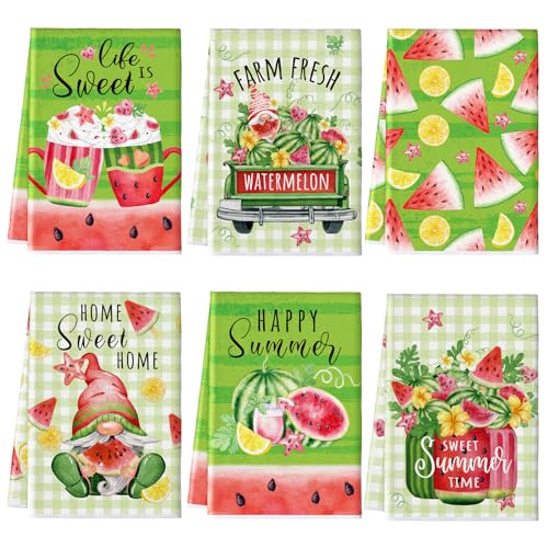 Tudomro 6 Pcs Watermelon Kitchen Towels Summer Dish Beach Hand Tea Towel | Seasonal Kitchen Towels, Absorbent Fabric, Soft Kitchen Fingertip Farmhouse Bathroom Tea Towels, Housewarming Gift for Home - color: Watermelon