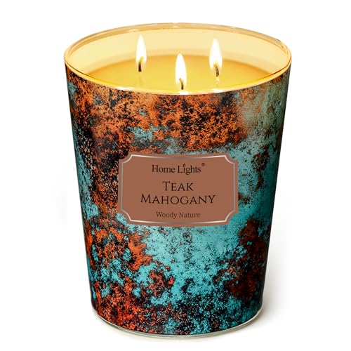 HomeLights Large jar Candle | 3-Wick Long-Lasting Scented Candles, 34oz Natural Soy Wax Candle for Home Scented, Industrial Chic Gifts for Women & Men, Teak Mahogany - color: Teak Mahogany, size: 34oz 3-wick