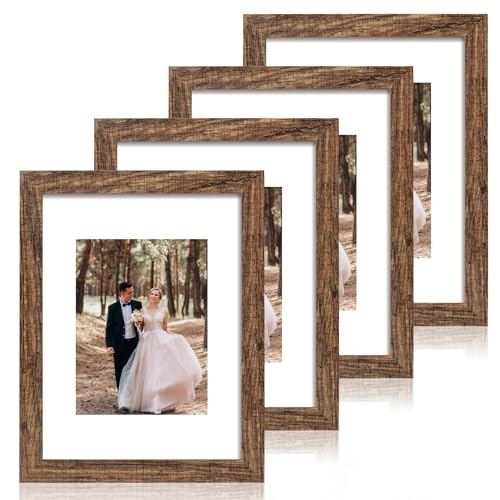 iRahmen 9x12 Picture Frame Set of 4 with Tempered Glass, Wooden Rustic Frame Display 6x8 Pictures with Mat or 9 x 12 Without Mat, Photo Frame for Wall Mount and Tabletop Display - color: Brown, size: 9X12