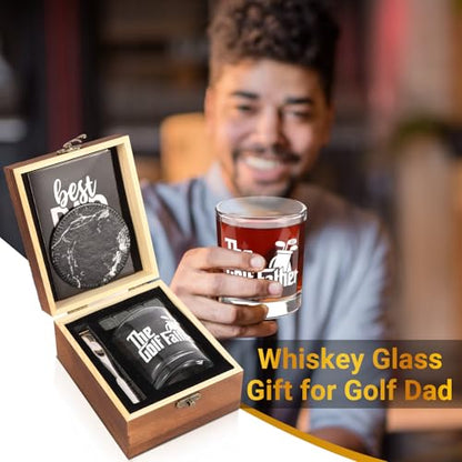Bayelove Whiskey Glass Gifts for Golf Dad, Best Gift for Men, Gift with 12oz Whiskey Glasses, Stones, Coaster, Wooden Box for Golf-Dad - color: Golf Dad