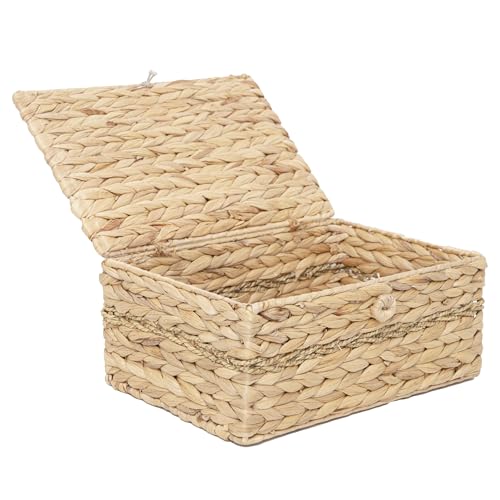 Wicker Basket with Lid,Woven Hyacinth Storage for Home Organizer | Natural Rectangle Handmade Rustic Decor box with lid for organizing, office, picnic, gifts & countertop - color: Hyacinth&Seagrass