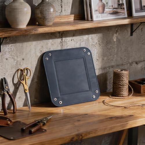 Valet Tray Desktop Storage Organizer – Vegan Leather Catchall Tray Bedside Vanity Tray Nightstand Caddy Holder for Remote Controller, Watch, Keys, Phone, Wallet, Coin, Jewelry, Navy - color: Navy Blue