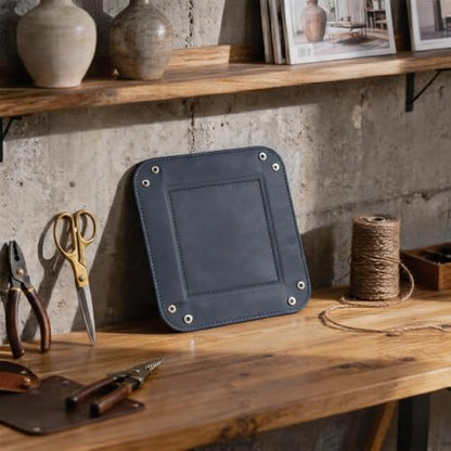 Valet Tray Desktop Storage Organizer – Vegan Leather Catchall Tray Bedside Vanity Tray Nightstand Caddy Holder for Remote Controller, Watch, Keys, Phone, Wallet, Coin, Jewelry, Navy - color: Navy Blue