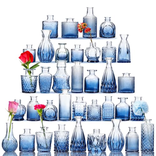 Fixwal 36 Blue Bud Vases Glass Bud Vase Set of 36, Small Vases for Flowers | Bud Vases for Centerpieces Mini Flower Vases in Bulk for Rustic Wedding Decorations Vintage Look Home Table Decor (Blue) - color: Blue, size: 36pcs
