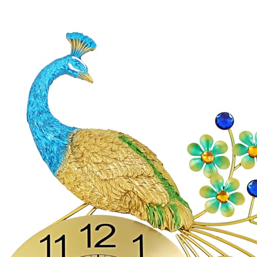 29.5" Large Peacock Wall Clock Crystal Decor, 3D Creative Luxury Wall Clock Silent Non-Ticking Battery Operated Living Room Decor Big Clock