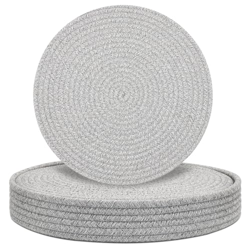 Round Placemats Set of 6 with Holder, Cotton Rope Woven Place Mats, Hot Pads for Kitchen, Heat Resistant Table Mats, 13 Inch Farmhouse Washable Braided Placemat for Kitchen Decor (Gray) - color: Gray