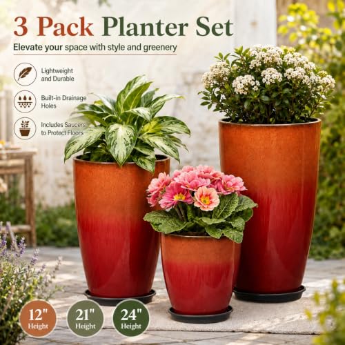 Neoaider Set of 3 Tall Planter, 24/21/12in Large Plastic Planter, Firey Red | Ceramic-Look, Lightweight, Built-in Drain Hole, Saucers, Tall Outdoor Planter for Porch, Garden, Patio, Balcony - color: Fiery Red