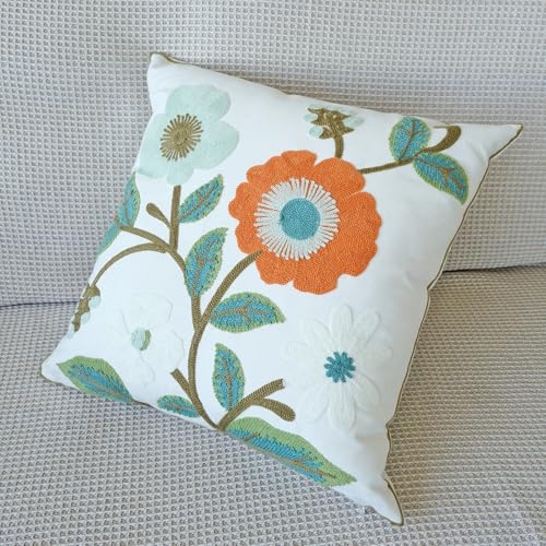 vctops Floral Embroidered Pillow Covers 18x18 Inch Spring Summer Cotton Tufted Throw Pillow Cover Outdoor Garden Cushion Case for Sofa, Bed, Living Room (Flower G,18"x18") - color: Flower G
