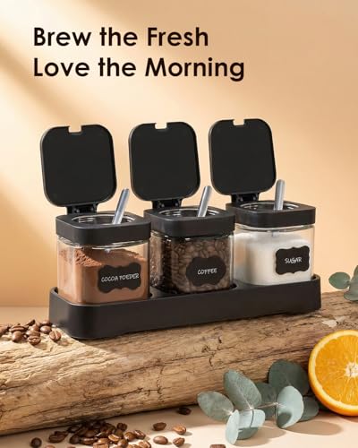 Glass Coffee Containers Set, 3 Pcs, Black | Coffee Station Storage Set with Lids, Spoons and Bases, Includes Stickers and Pen, Storage Jars for Sugar, Coffee, Spices