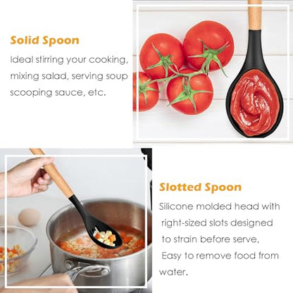 Kitchen Utensils. Set of 3, Silicone Cooking Utensils Set, Turner/Spatula, Spoons with Wooden Handle, Heat Resistant, Nonstick Cookware, Dishwasher Safe, Black