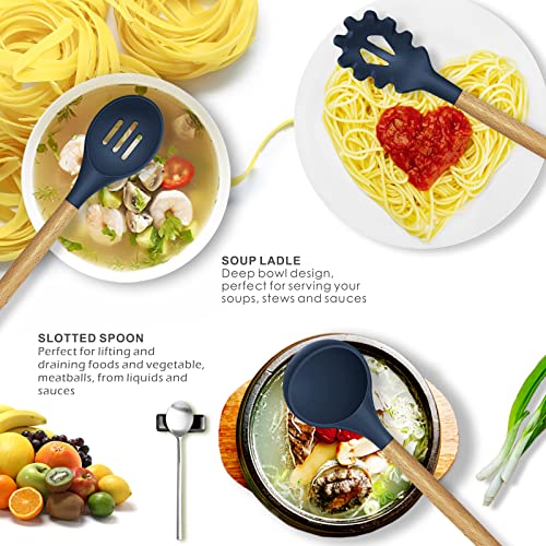 oannao Silicone Cooking Utensils Set - 446°F Heat Resistant Silicone Kitchen Utensils for Cooking,Kitchen Utensil Spatula Set w Wooden Handles, BPA FREE Gadgets for Non-Stick Cookware (Navy Blue) - color: Navy Blue