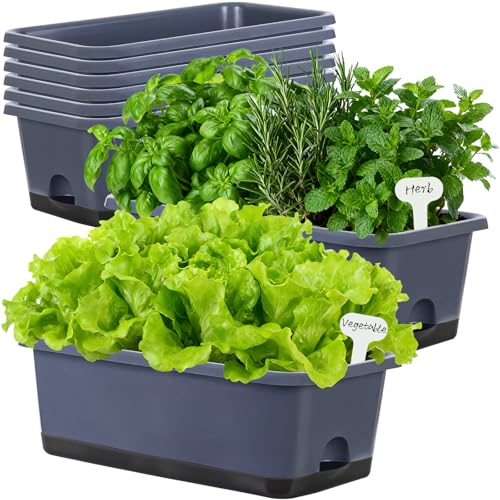 Window Box Planter 8 Pcs, 17 Inches Rectangle Flower Pots with Drainage Holes and Trays, Vegetable Planters for Windowsill Patio Garden Balcony Home Porch Yard Indoor Outdoor (Grey) - color: Gray