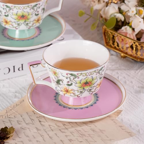 KAMMAK Ceramic Coffee Cups Saucers Set of 2, Porcelain Espresso Cups with Saucers, 8.12 oz Handcrafted Elegant Bone China Tea Cups, Lotus Floral Pattern Teacup for Party, Office, Women Gift - color: Ruyi Lotus (Pink + Green)