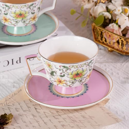 KAMMAK Ceramic Coffee Cups Saucers Set of 2, Porcelain Espresso Cups with Saucers, 8.12 oz Handcrafted Elegant Bone China Tea Cups, Lotus Floral Pattern Teacup for Party, Office, Women Gift - color: Ruyi Lotus (Pink + Green)