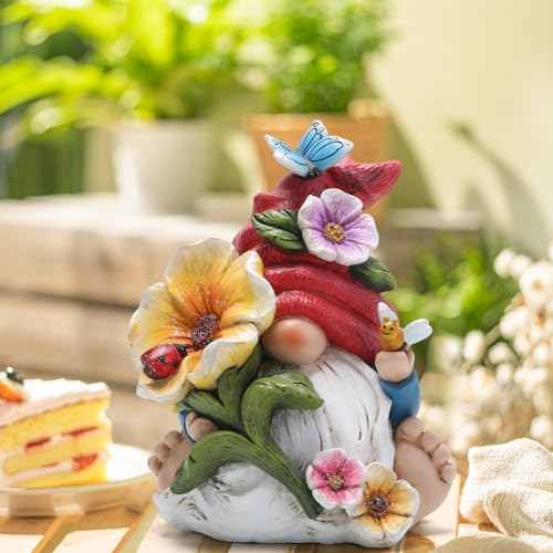 Hodao Gnome Figurine Decorations Indoor Home Decor Butterfly Bee Seven Star Ladybug - Dancing Spring Petal Gnome - Summer Garden Patio Gnome Sculpture Decorations (Flower gnome) - style: Garden