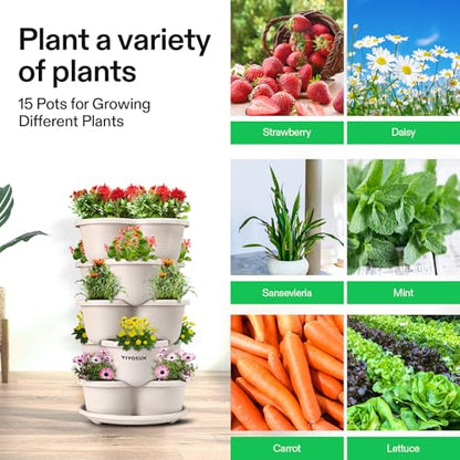 VIVOSUN 5 Tier Vertical Gardening Stackable Planter for Flowers, Ivory | Planter for Herbs, Vegetable - size: 1 Pack
