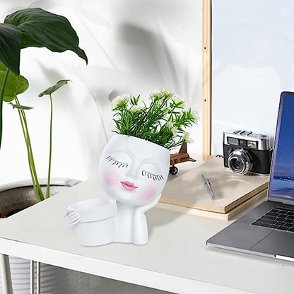 Face Planter Pot, Lady Head Planter with Drainage Holes, White | Dual-compartment lady head planter with drainage holes for succulents, cactus, and air plants - color: White