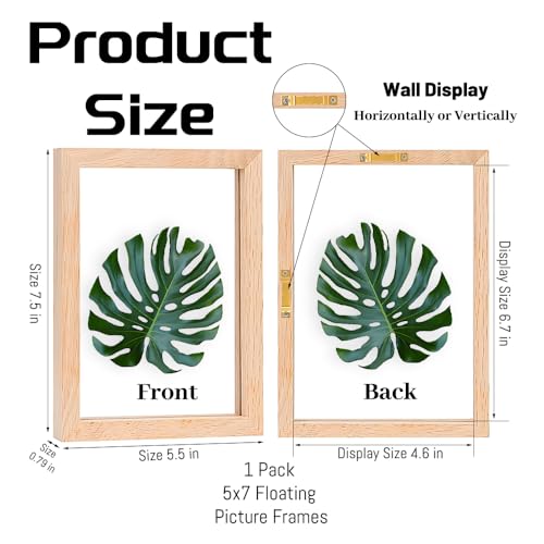 5x7 Floating Picture Frames Double Sided Tempered Glass Oak Wood Picture Frame Floating Display for Photos 4x6,or Full Display for 5"x7" Photos for Christmas,Halloween,Baby Scan,Anniversary,Wedding(Beige) - size: 5x7 inch
