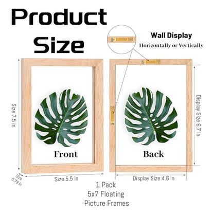 5x7 Floating Picture Frames Double Sided Tempered Glass Oak Wood Picture Frame Floating Display for Photos 4x6,or Full Display for 5"x7" Photos for Christmas,Halloween,Baby Scan,Anniversary,Wedding(Beige) - size: 5x7 inch