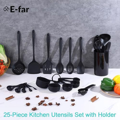 E-far Silicone Cooking Utensils Set, 25 Piece Kitchen Utensils with Holder, Non Toxic Kitchen Tools Spatula, Turner, Spoon, Ladle for Nonstick Cookware, Heat Resistant & Dishwasher Safe - Black - color: Black