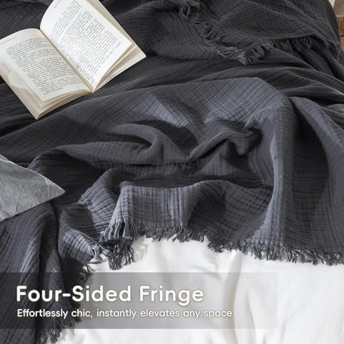 MooMee 100% Cotton Muslin Blanket Fringed 4-Layer Gauze Bed Throw, Queen | Soft Breathable Lightweight Thin Coverlet Summer Blankets for Adults, Bed & Couch All Seasons, Dark Grey, 90" x 90" - color: Dark Grey, size: Queen