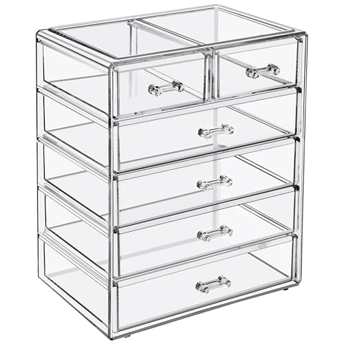 Sorbus Acrylic Makeup Organizer Set, 6-Drawer Vanity & Countertop Cosmetic Storage with Small & Wide Drawers, Clear Makeup Storage for Brushes, Lipsticks, Jewelry – Holiday Gift for Women & Teens - color: Clear, style: 4 Large, 2 Small Drawers