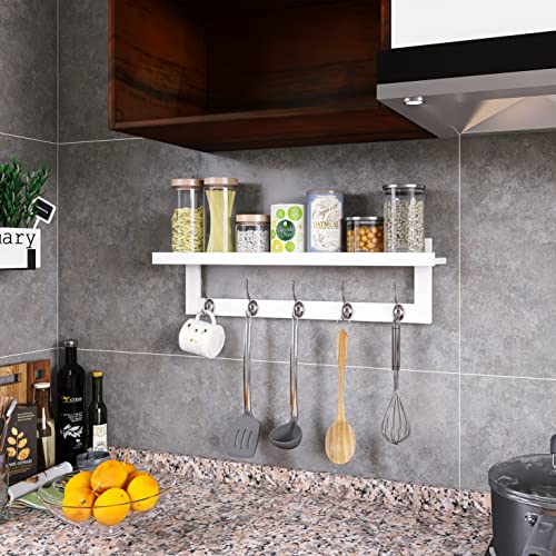 SMIBUY Coat Hooks with Shelf Wall-Mounted, 29.2 Inch Entryway Coat Rack for Wall, Bamboo Hanging Shelf with 5 Double Metal Hooks for Bathroom, Bedroom, Kitchen, Living Room, Mudroom (White) - color: White