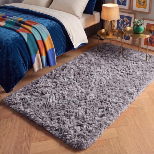 Grey Small Bedroom Rugs 2x4 Ft, Plush Washable Runner Rugs for Hallway | Soft Area Rug for Dorm, Kids Room, Reading Nook, Fuzzy Playroom Carpet, Bedside Rug, Accent Faux Furry Grey Rugs Home Decor - color: 2- Grey, size: 2' x 4' (Rectangular)