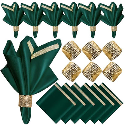 12 Pack Cloth Napkins and Gold Napkin Rings Set of 6, 17x17 Bling Trim Satin Cocktail Napkins Cloth Washable Personalized Dinner Napkins for Wedding Party Holiday Decorative | 17x17 Inch Personalized Green Napkins Set, Washable Fancy Dinner & Cocktail Nap
