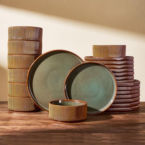 Stoneware Dinnerware Set for 8, Green Brown Reactive Glaze | 24-Piece Ceramic Plates and Bowls, Handmade Ribbed Dishes, Daily Use, Microwave & Dishwasher Safe, Chip & Scratch Resistant - color: Moss Green & Brown, size: Service for 8 (24pc)