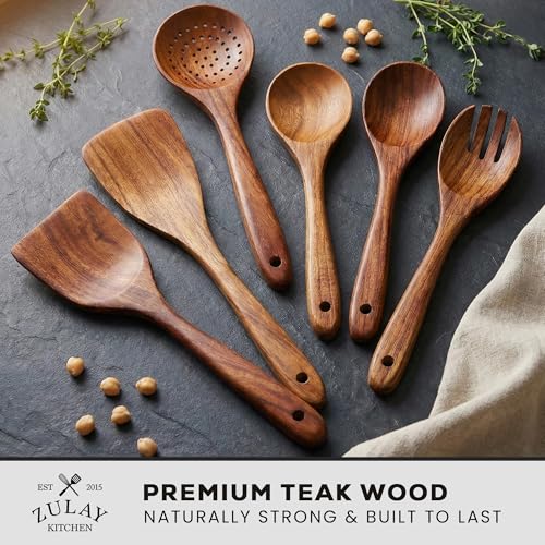 Zulay Kitchen 6 Piece Wooden Spoons for Cooking – Natural Teak Wooden Utensil Set, Easy to Clean, Durable, Smooth with Comfort Grip - Non Toxic Wooden Cooking Utensil Sets - size: 6 Piece