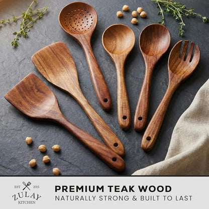 Zulay Kitchen 6 Piece Wooden Spoons for Cooking – Natural Teak Wooden Utensil Set, Easy to Clean, Durable, Smooth with Comfort Grip - Non Toxic Wooden Cooking Utensil Sets - size: 6 Piece