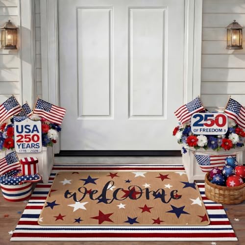 Tinideya 2 Pcs 4th of July Patriotic Door Mat Outdoor 250th Anniversary Welcome Front Door Mat Layered Red White Blue Stars Stripes Entryway Rug Non Slip Independence Day Decor for Front Porch Outside - size: 16 x 28 Inch,24 x 35 Inch, style: Star