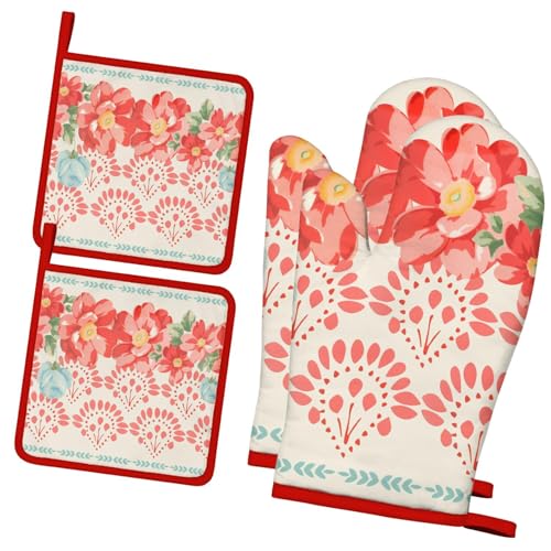 4 PCS Cotton Oven Mitts and Pot Holders Sets,Pioneer Flower Oven Gloves Heat Resistant Colorful Kitchen Mitts Hot Pads,Kitchen Decor for Women Cooking Baking Grilling BBQ (Boho Red Flower) - color: Boho Red Flower