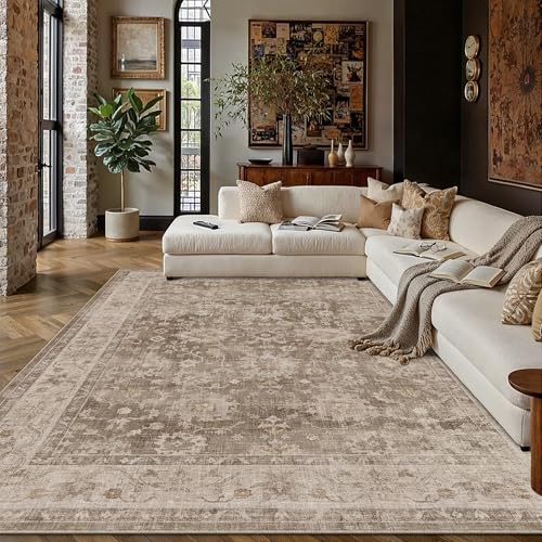 6x9 Taupe Retro Distressed Washable Area Rug for Living Room | Low Pile, Non Slip, Vintage Distressed, Soft Indoor Rug for Living Room, Bedroom, Dining Room, Office, Home Decor - color: A| Taupe, size: 6' x 9' (Rectangular)