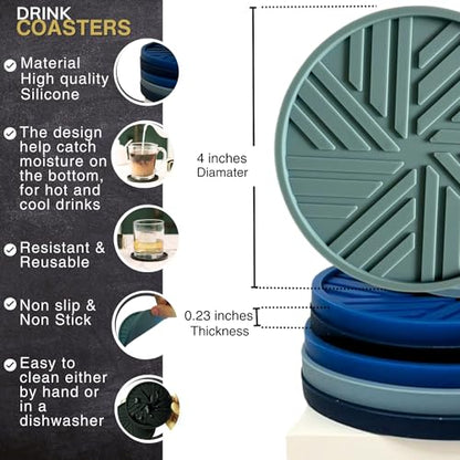 Silicone Coasters Set of 6 - with Holder - Modern Patterns Protecting Your Coffee Table, Navy/Blue - color: Beach Vibes