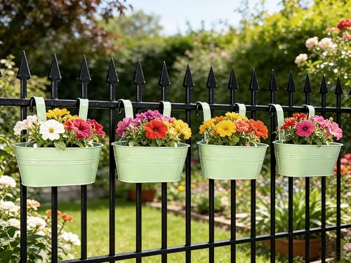 6 Pack 10" Balcony Hanging Metal Fence Planters Flower Pots, Mint Green | Removable hook, Drainage hole, Rustproof, For flowers / herbs / succulents, veggies, For railings / fences / balconies - color: Mint Green