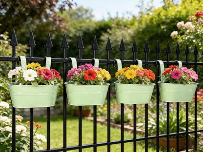 6 Pack 10" Balcony Hanging Metal Fence Planters Flower Pots, Mint Green | Removable hook, Drainage hole, Rustproof, For flowers / herbs / succulents, veggies, For railings / fences / balconies - color: Mint Green