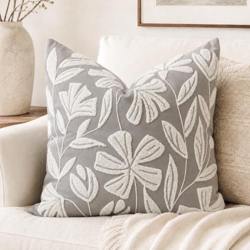Throw Pillow Cover 20x20 Inch, Light Gray Floral Tufted Velvet Decorative Accent Pillow Case for Sofa Bed Living Room, Cover Only - color: Light Gray, size: 20" x 20" (Pack of 1)