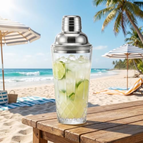 Cut Crystal Glass Cocktail Shaker - 15oz Lead-Free Crystal Shaker with Steel Strainer Lid - Premium Barware for Home Bartenders - Ideal for Mocktail, Espresso, Margarita, Martini Cocktails - color: Vertical Cut