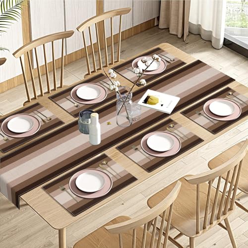 Emvency Table Runner and Placemats Set of 6, Abstract Geometric Gradient | Modern Art Dining Decor for Daily Use(1 Table Runner 72 inches Long and 6 Placemats) - color: Coffee Brown Gradient